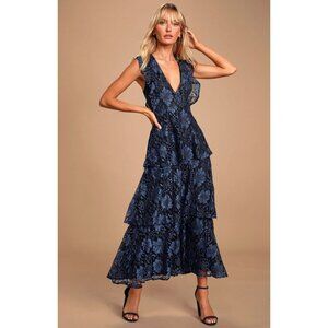 NWT Lulus Molinetto Navy Blue Lace Ruffled Tiered Sleeveless Maxi Dress XL